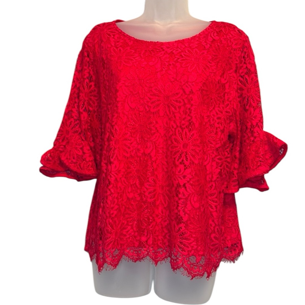 Nanette red lace flutter sleeve romantic top shirt flowers lined women XL